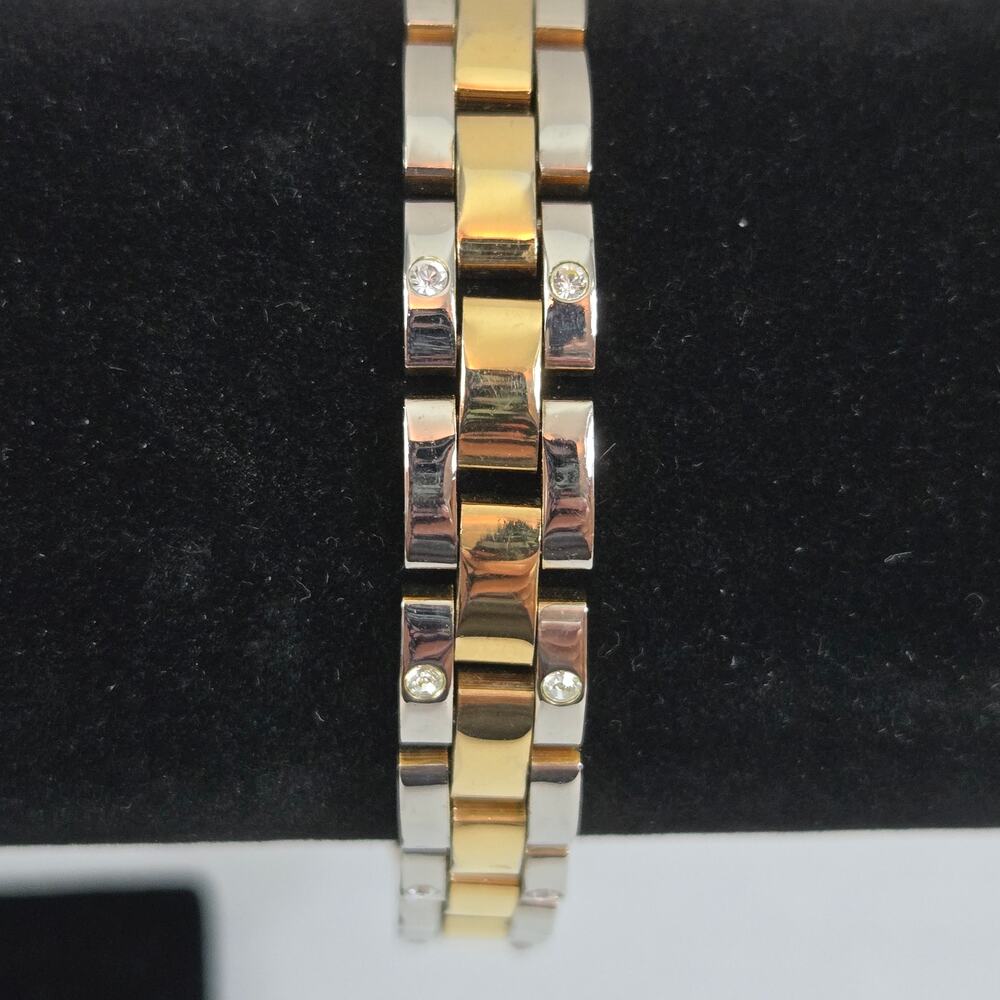 Presidential-Style Gold & Silver Toned Link Bracelet with Small Rhinetones 7.5"